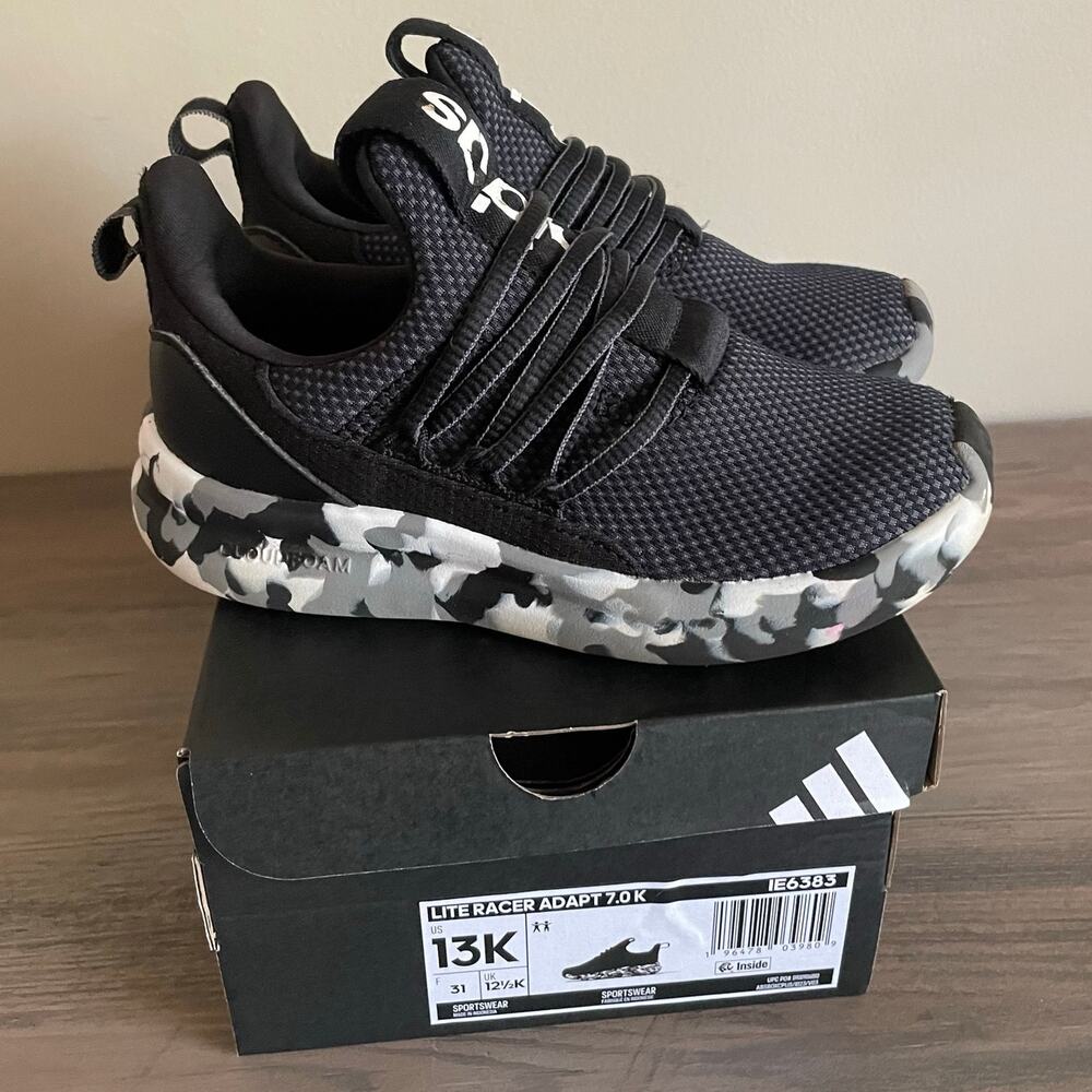 Adidas Lite Racer Adapt 7.0 Kids 13K Black Grey Sneakers Cloudfoam IE6383 Box